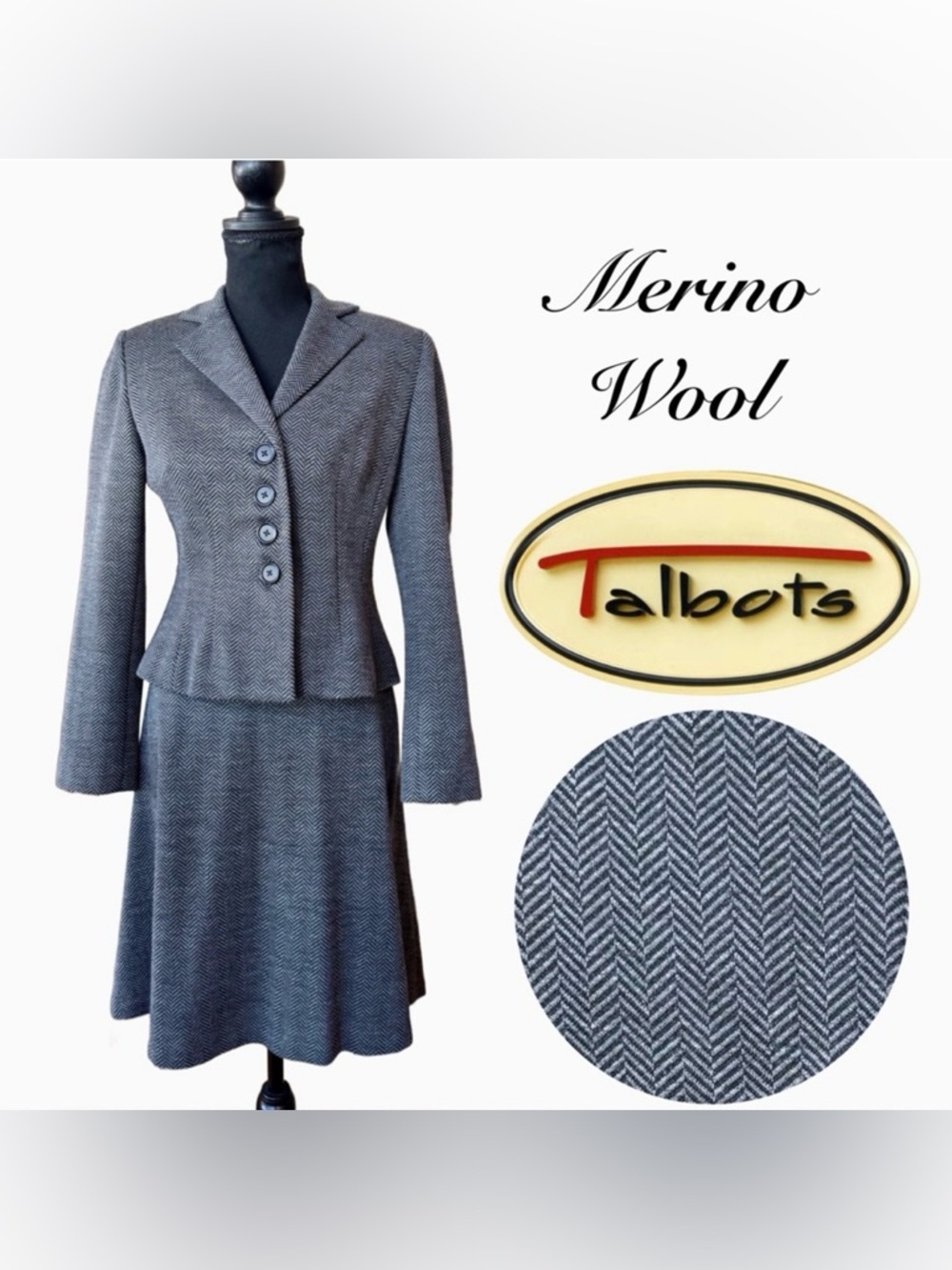 TALBOTS Merino Wool Herringbone Fitted Lined Jacket and Skirt (2P)